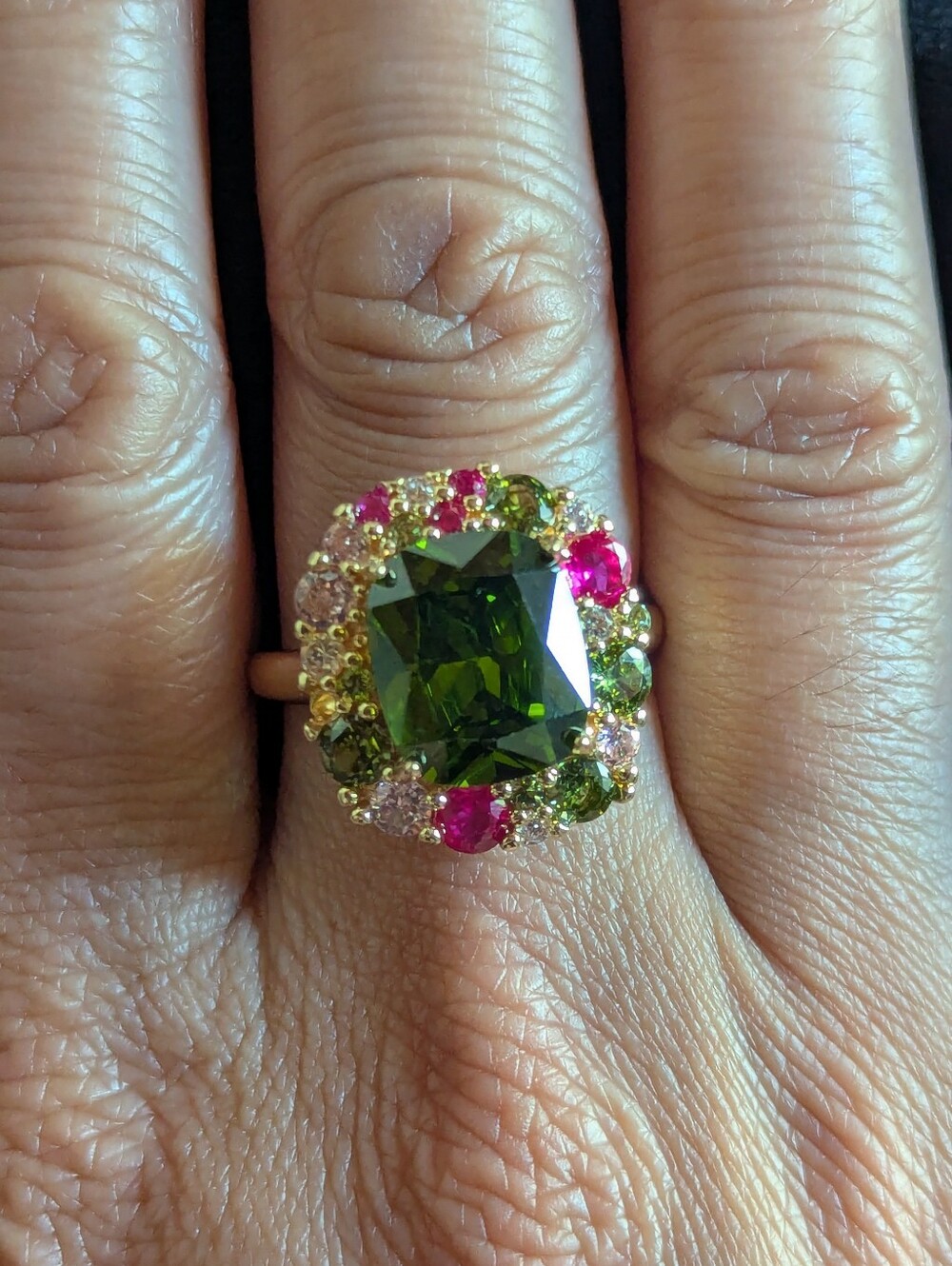 Vintage Style Gold-tone Ring with Green Center and Pink Accent Stones 1920s Sz 8 - Picture 6 of 12